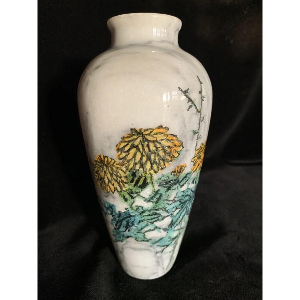 Vintage Marble Etched Vase with Painted‎ Yellow Flowers 7” Tall Excellent